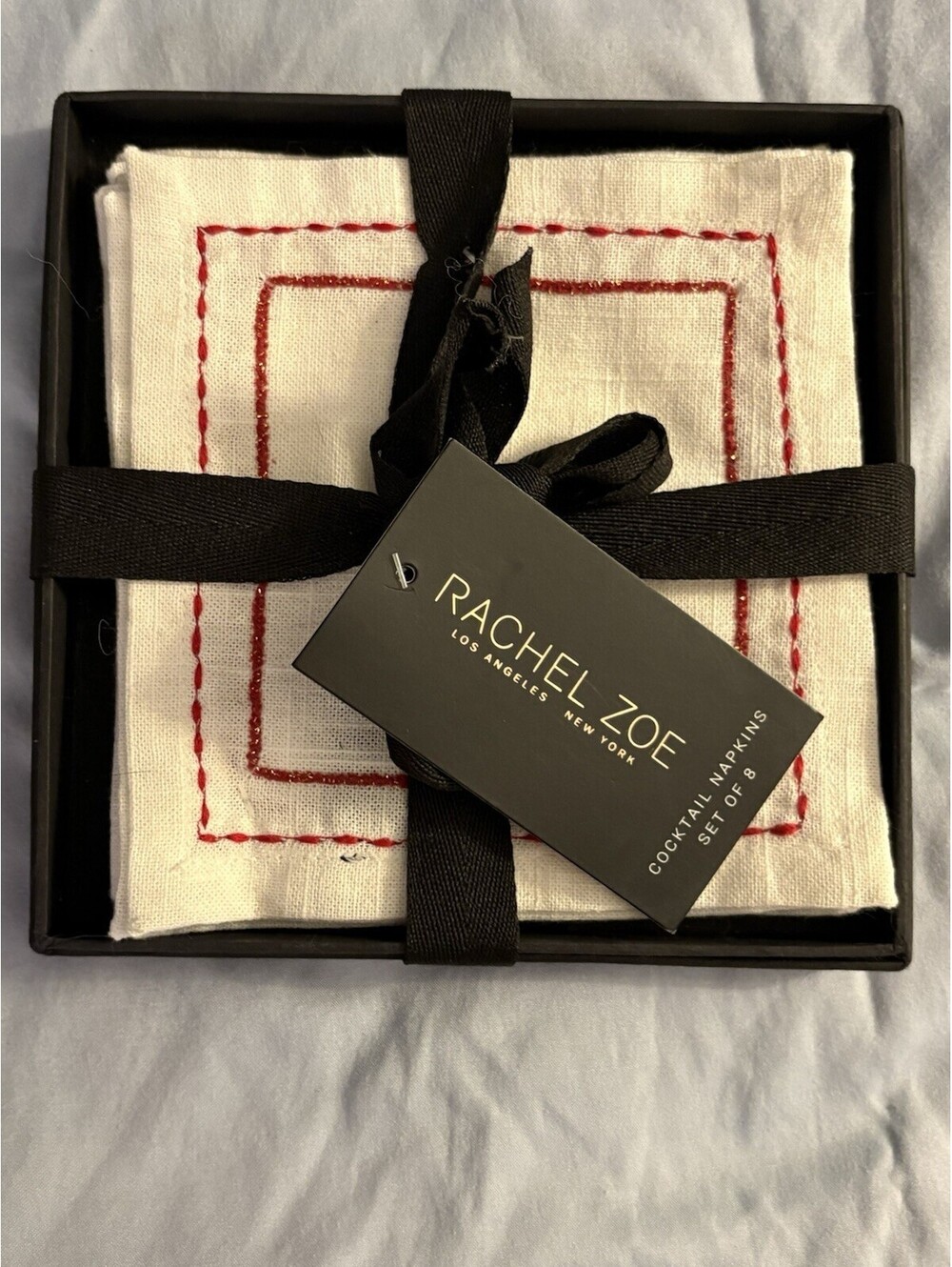 Rachel Zoe Cloth Napkins Set of 8 White with Red Stitching Square
